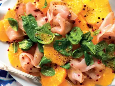 Arance, pesce spada e spinaci alla senape